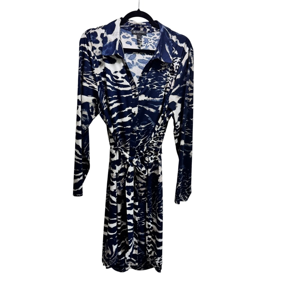 INC Liquid Knit Belted Preppy Button Up Midi Dress 2X White Navy Long Sleeve